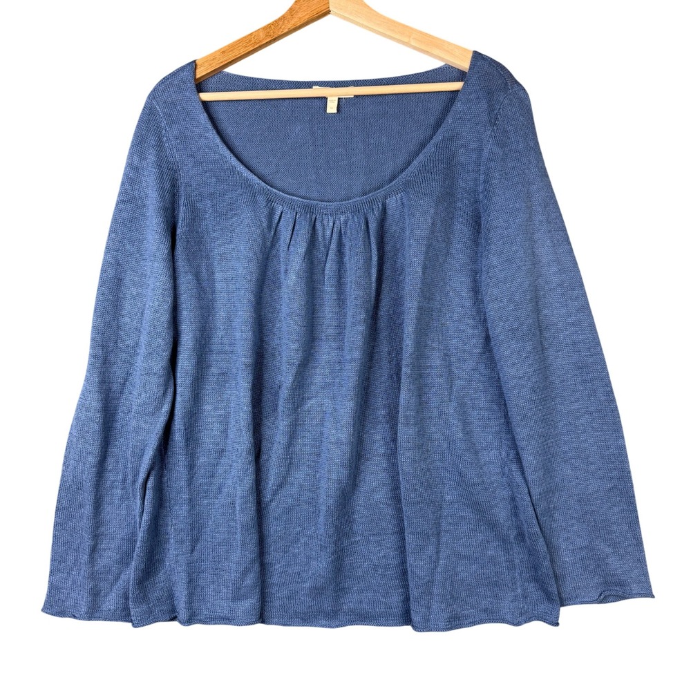 Eileen Fisher Blue 100% Linen Pleated Scoop Neck Long Sleeve Sweater Medium
